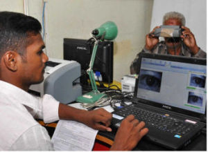 IRIS SCANNING AS part of the process to obtain biometric data at the Head Post Office in Madurai, Tamil Nadu,